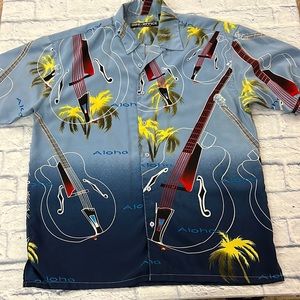 Box Office Hawaiian shirt mens’ sz L, musical theme with ombré blue.
